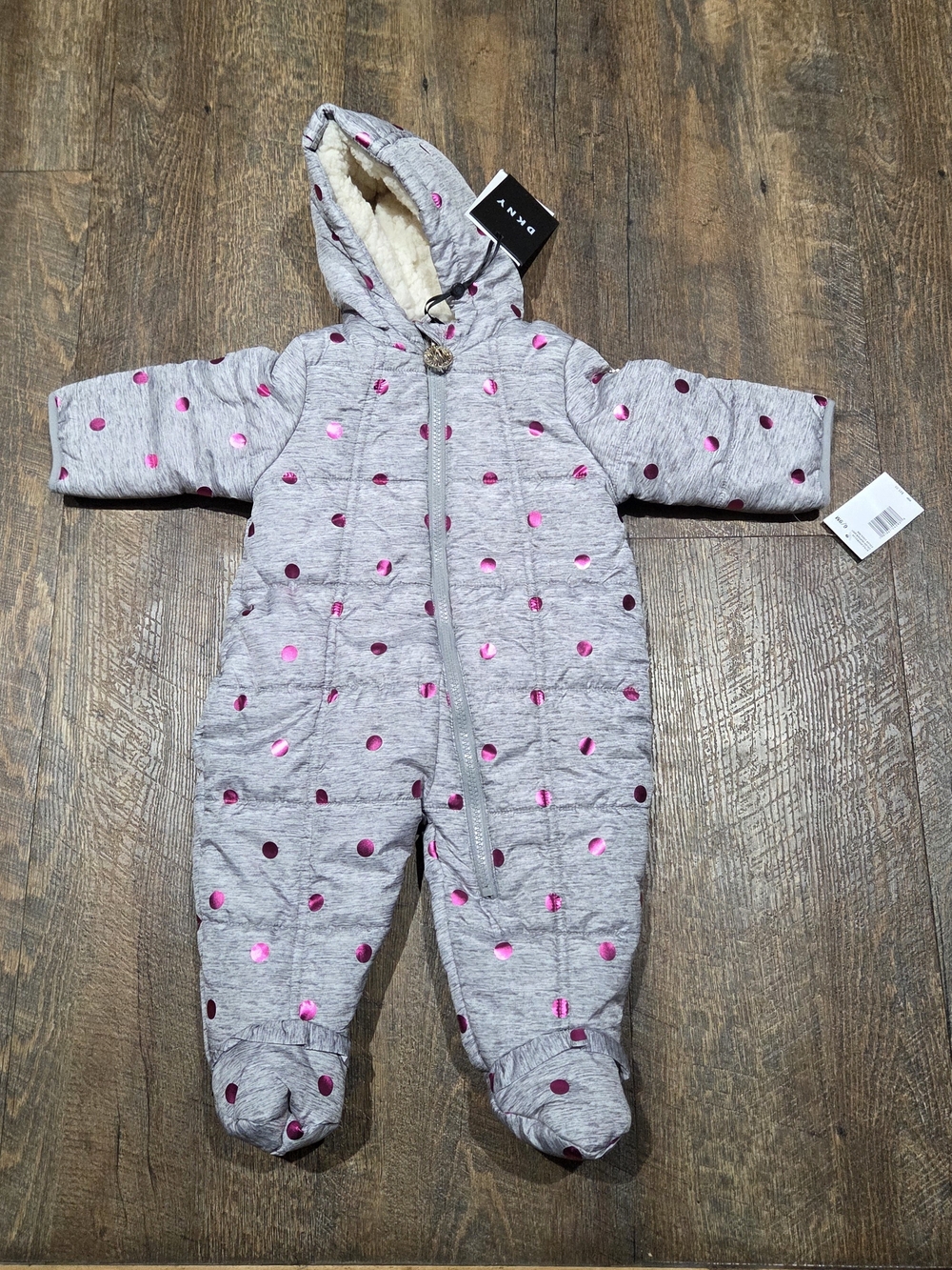 DKNY Grey Infant Hooded Puffer One-Piece with Pink Polka Dots